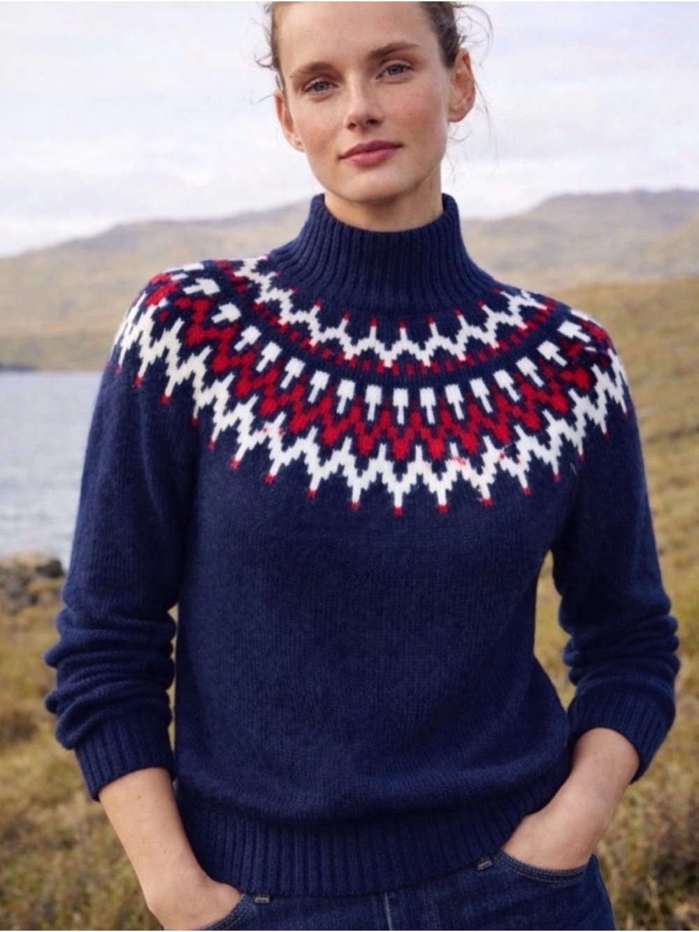 Navy Fair Isle Turtleneck Sweater with Red & White Pattern